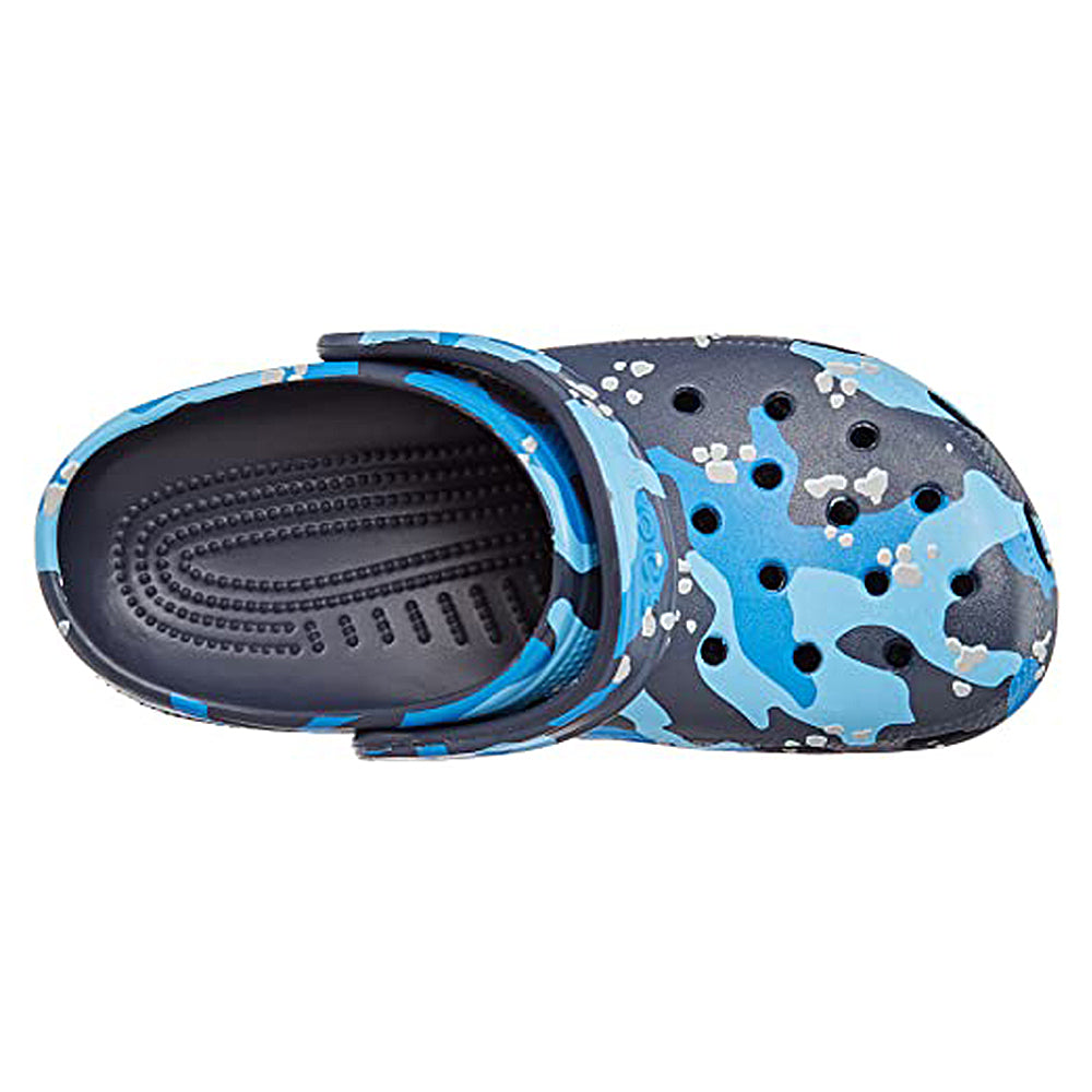 Top view of the Crocs Classic Camo Clog - Unisex, showcasing a blue, black, and light gray camo pattern with ventilation holes for comfort, perfect as slip-on water shoes.