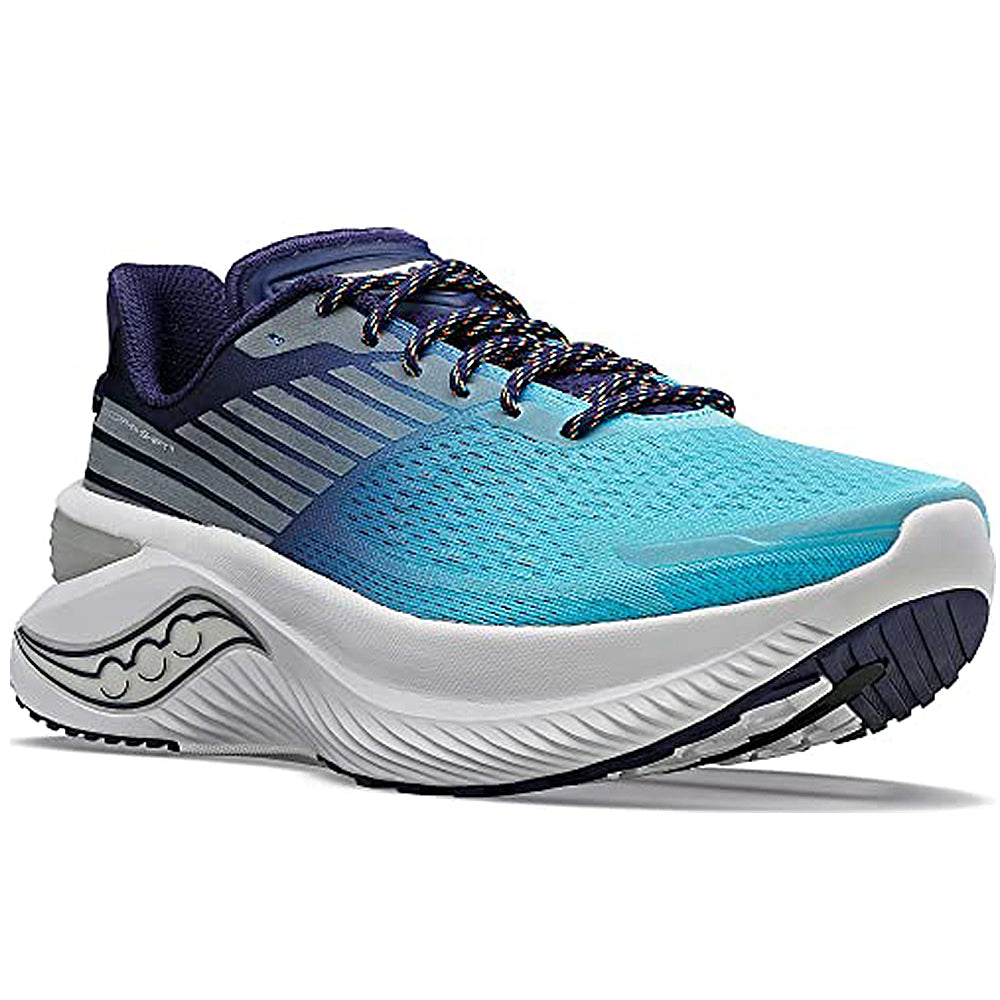 The Saucony Endorphin Shift 3 Running Shoe - Mens features turquoise and navy uppers, patterned laces, a white cushioned PWRRUN foam sole, and black tread, all displayed against a white background.