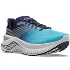 The Saucony Endorphin Shift 3 Running Shoe - Mens features turquoise and navy uppers, patterned laces, a white cushioned PWRRUN foam sole, and black tread, all displayed against a white background.
