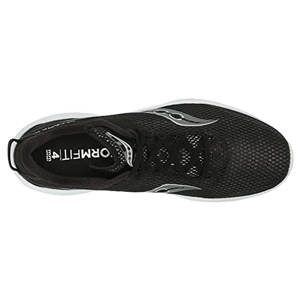 Top view of the mens Saucony Endorphin Shift 3 running shoe, showcasing a black mesh upper with white accents and visible laces. The insole displays FORMFIT branding, while PWRRUN foam delivers comfort and responsiveness.