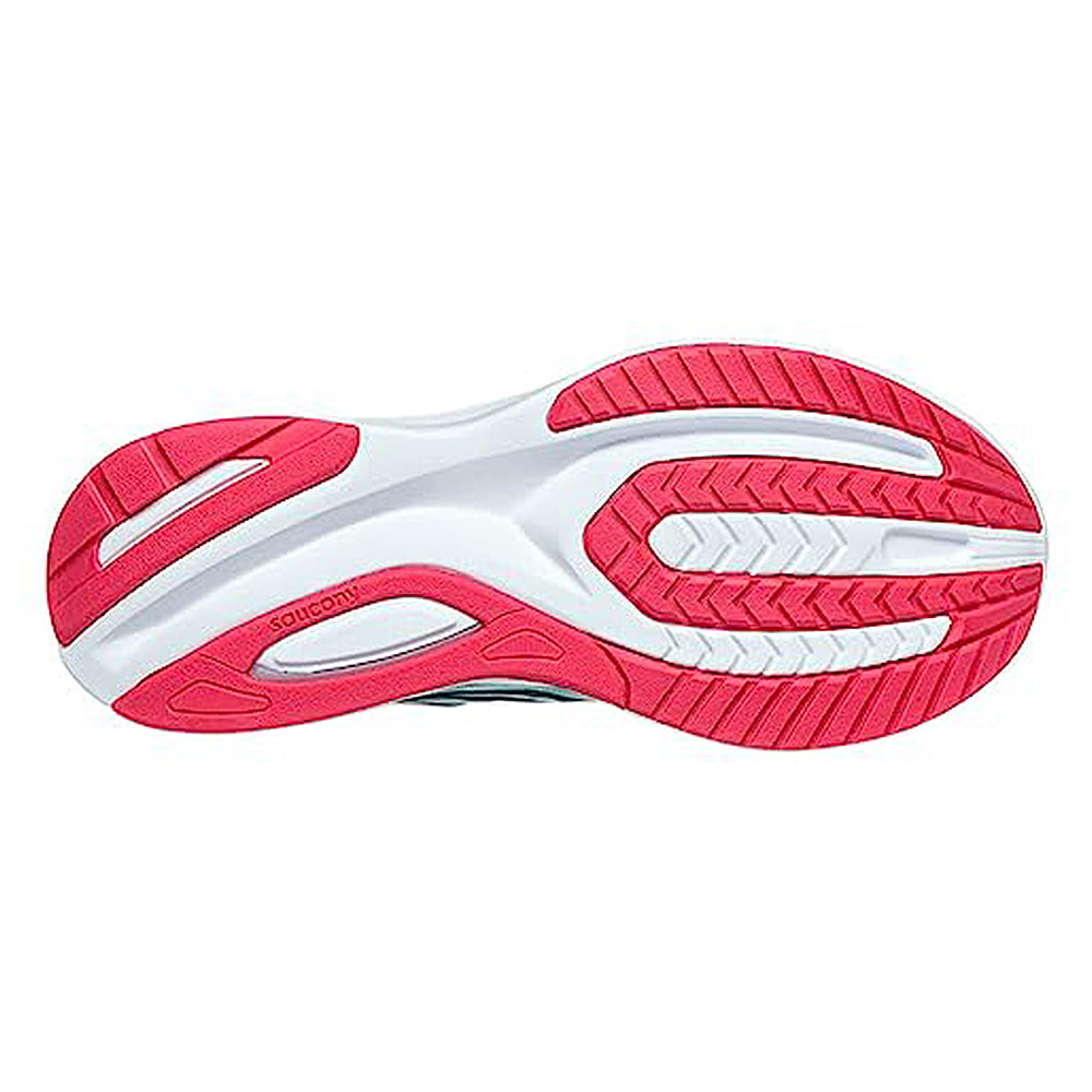 The image shows the sole of the Saucony Guide 16 Running Shoe - Womens, featuring a mainly white outsole with bright pink traction zones, grooved and textured sections for grip, flexibility, and cushioned support.