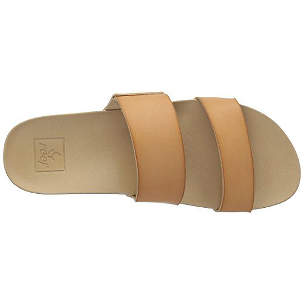 The Reef Cushion Vista - Womens is a tan, flat double strap slide sandal in vegan leather with an open toe and cushion bounce comfort, shown from above on a plain background.