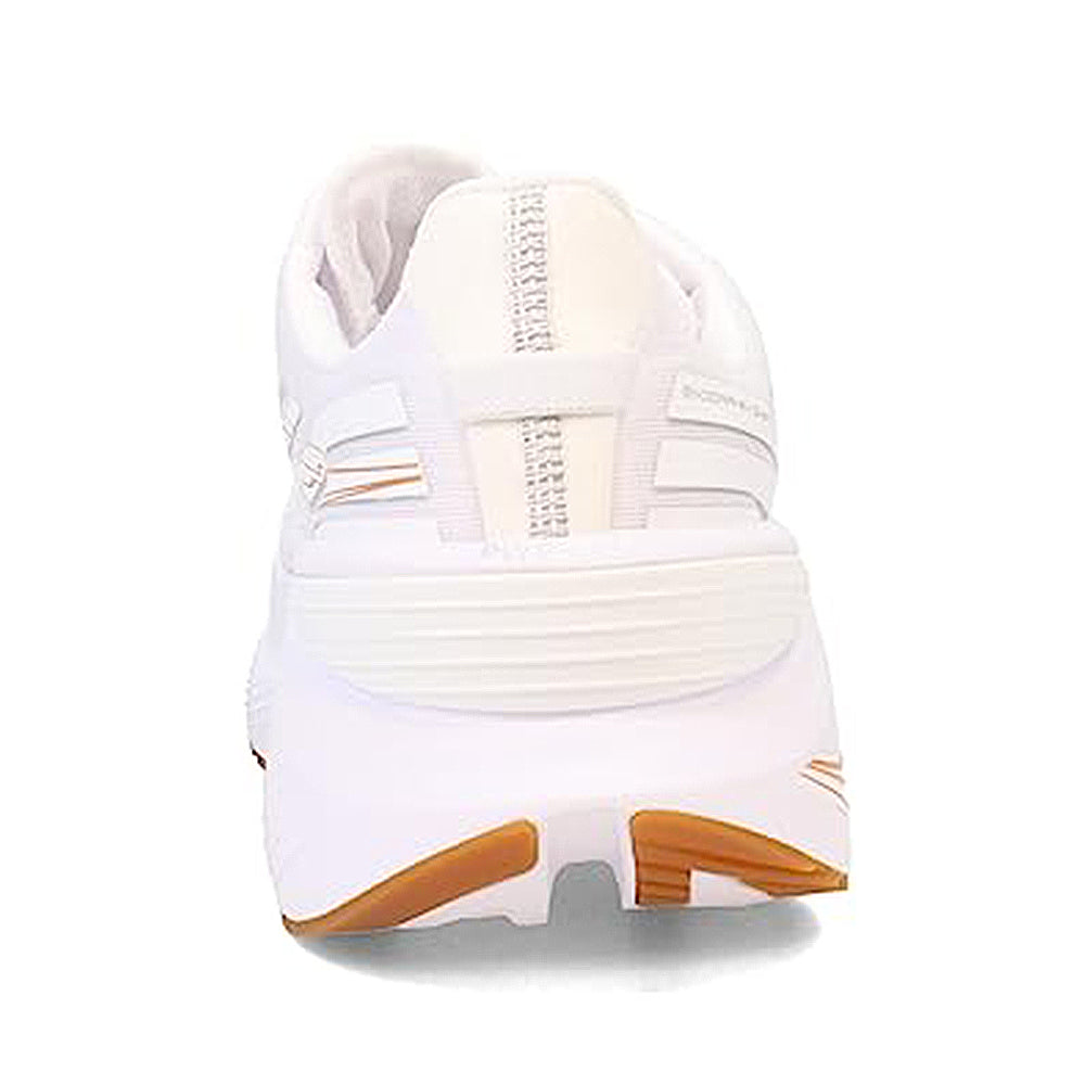 A mens Saucony Endorphin Shift 3 running shoe seen from the back, in white with a light brown sole section and subtle stitching on the heel and upper.