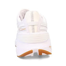 A mens Saucony Endorphin Shift 3 running shoe seen from the back, in white with a light brown sole section and subtle stitching on the heel and upper.