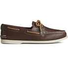 The Sperry A/O 2-EYE LEATHER mens boat shoe in brown features tan laces, white stitching, and a white rubber sole. Shown in side profile against a plain background.
