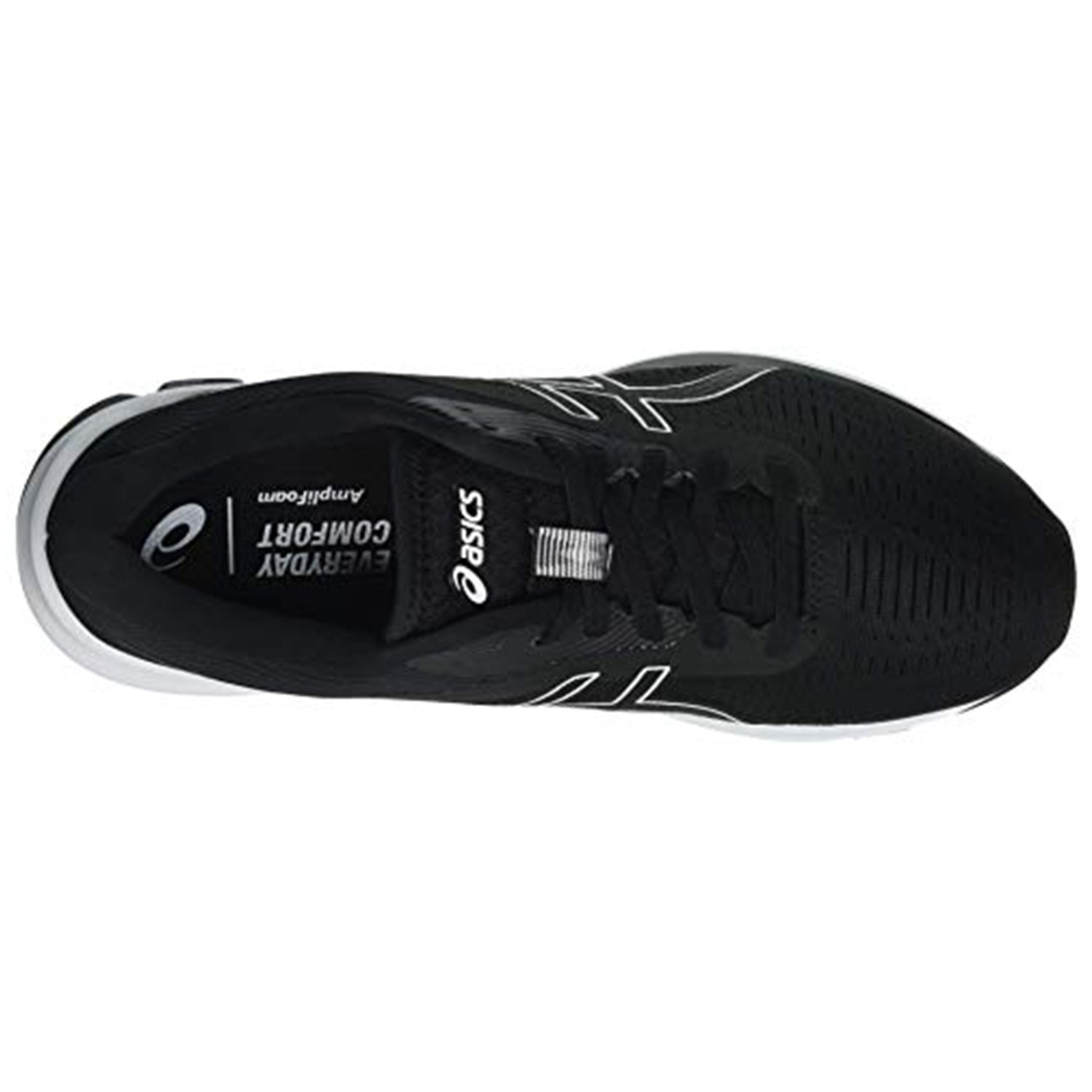 Top view of the ASICS GEL-PULSE 12 - Mens running shoe in black with white accents, laces, and EVERYDAY COMFORT AmpliFoam on the insole, highlighting GEL technology for superior cushioning.