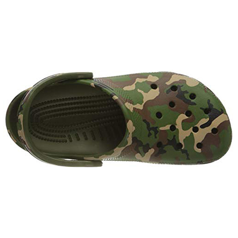 The Crocs Classic Camo Clog - Unisex features ventilation holes, a back strap, and slip-on comfort in a green camo design—perfect for style and ease.