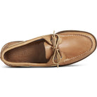 Top view of the Sperry A/O 2-Eye Leather mens boat shoe in tan leather, featuring moc toe stitching, rawhide laces tied in a bow, and an embossed Sperry logo on the insole.