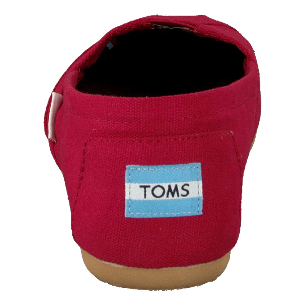 A rear view of the TOMS Alpargata ESP - Women in red, with the signature light blue and white TOMS logo on the heel, a tan sole, and representing their buy one give one philosophy.