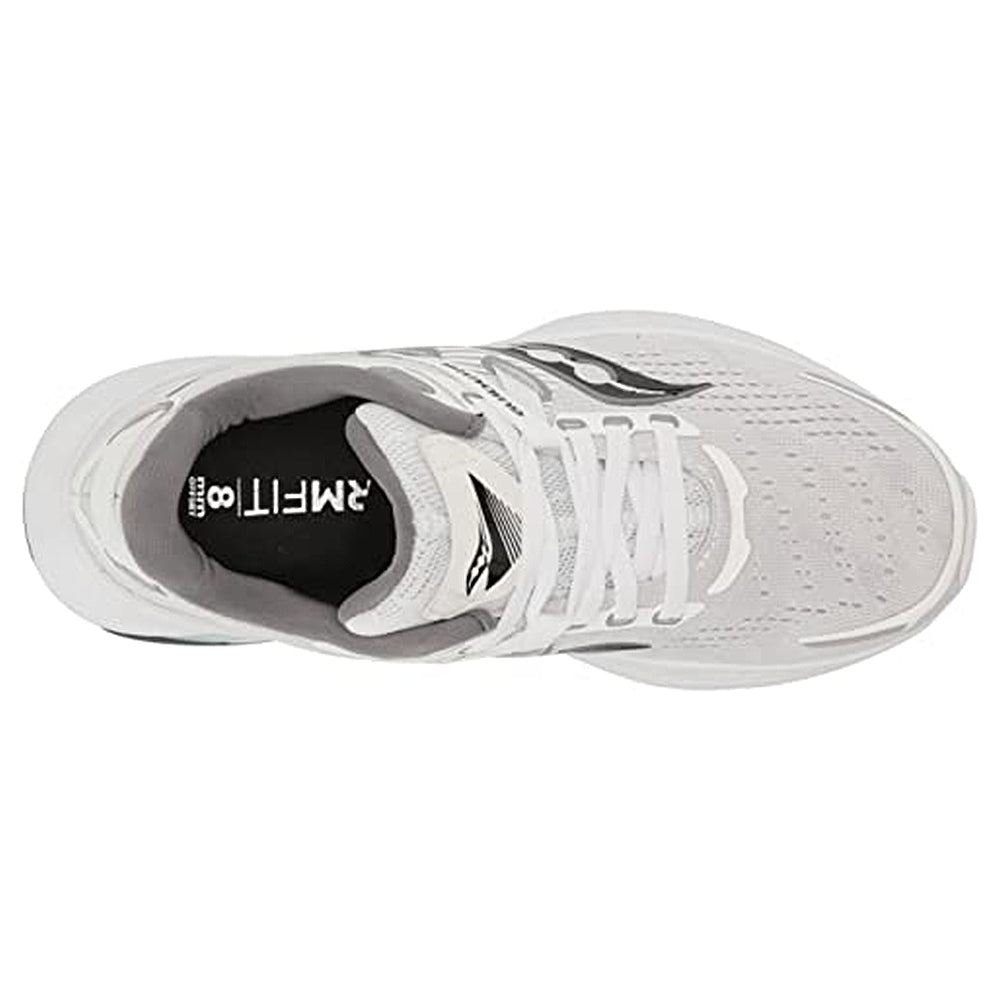 Top view of the Saucony Guide 16 Running Shoe - Womens in white with gray and black accents, cushioned support, white laces, and SAUCONY visible on the insole.