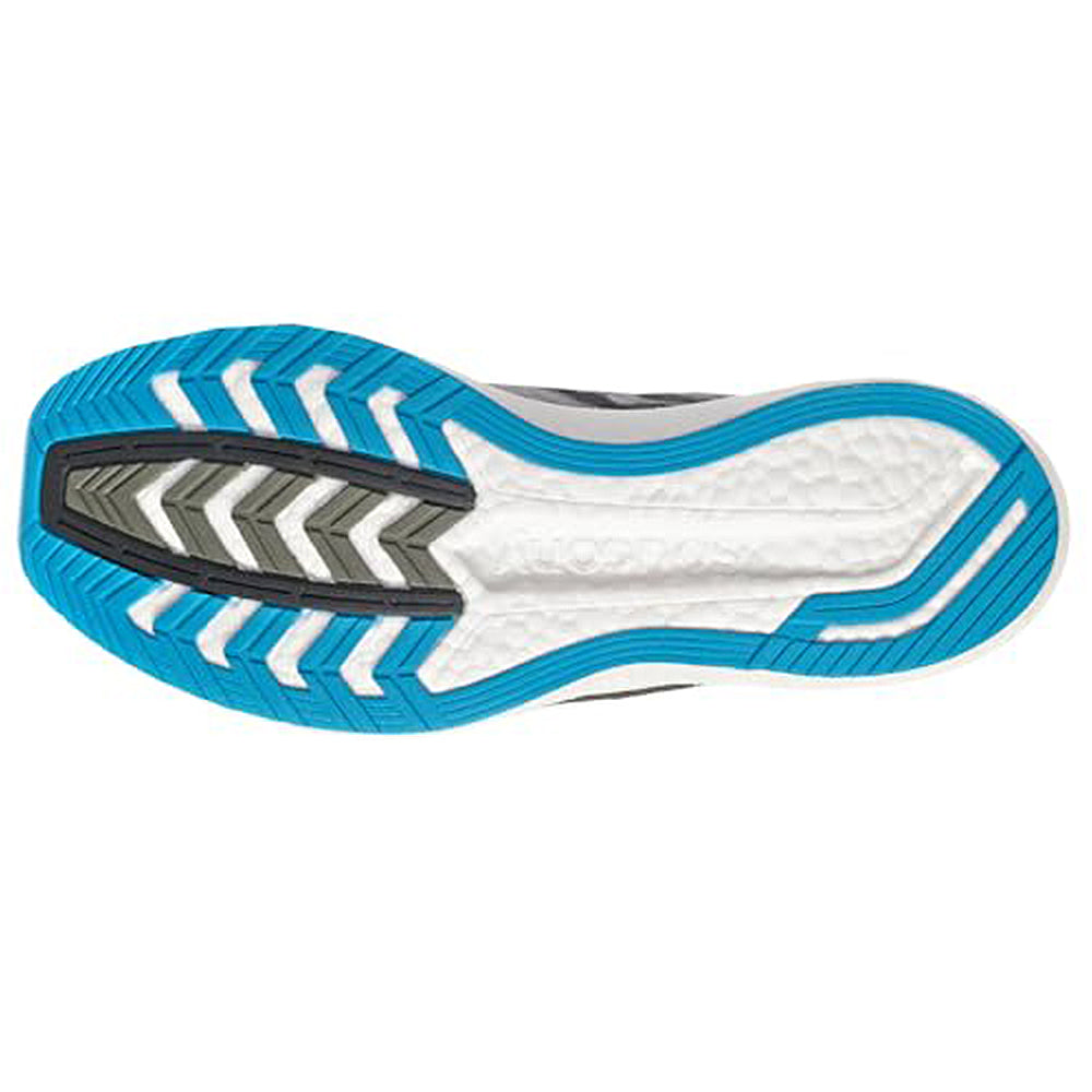 The image displays the outsole of the Saucony Endorphin Speed 2 Running Shoe - Mens, with blue, white, black, and gray sections and chevron-shaped grooves designed for traction.