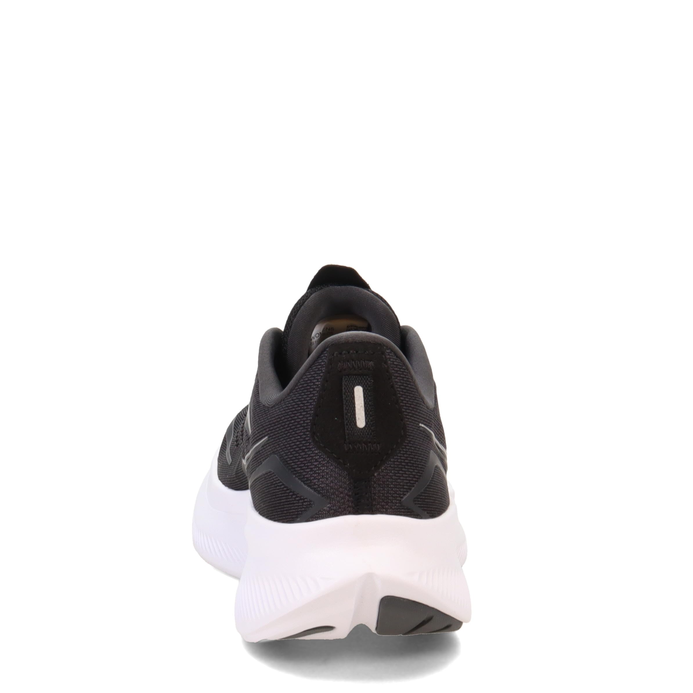 Rear view of the Saucony Ride 15 - Womens: a black lightweight running shoe with a white sole, mesh upper, and small reflective heel strip, displayed against a plain white background.