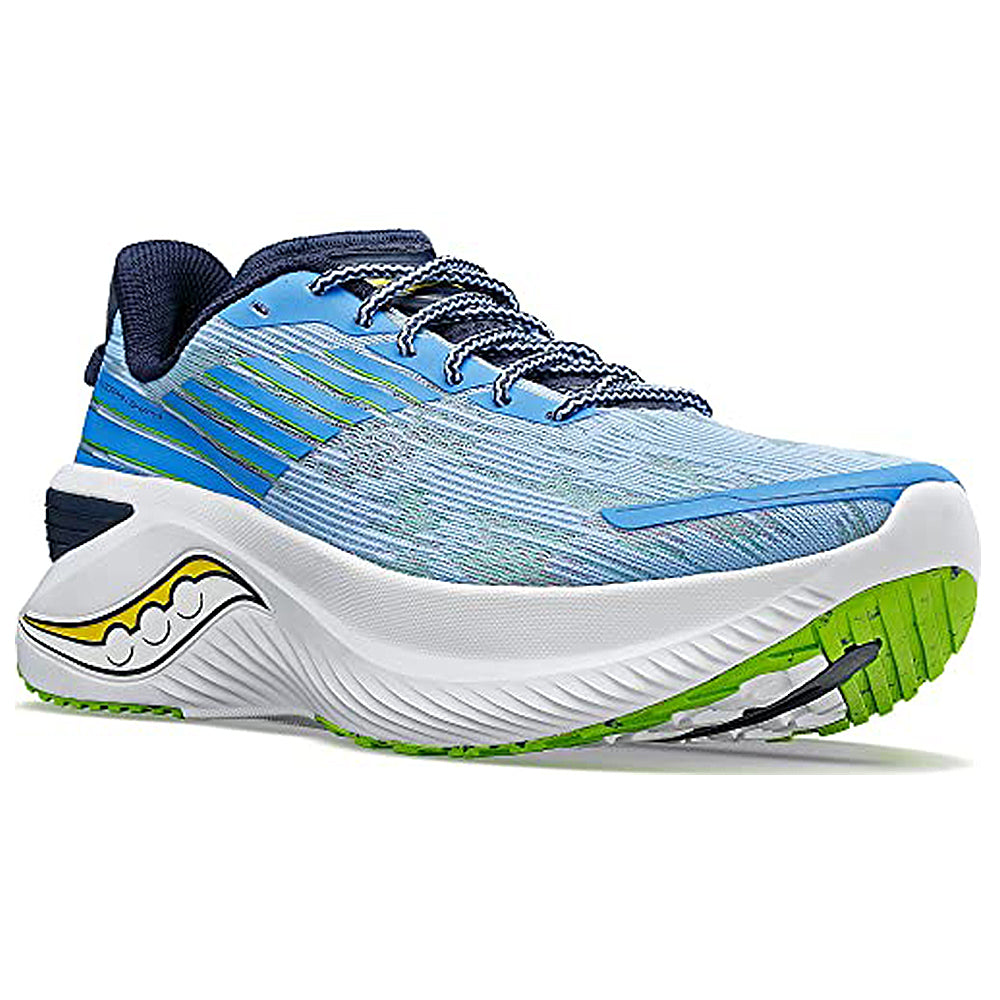 The Saucony Endorphin Shift 3 Running Shoe for men features blue and light gray colors with dark blue accents, green and yellow details, patterned laces, and a thick white PWRRUN foam sole, shown against a white background.