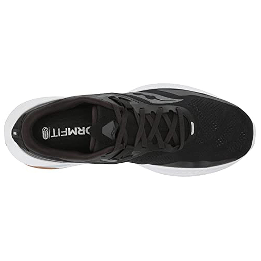 Top view of Saucony Guide 15 - Men running shoe: black with white sole and gray accents, laces, breathable mesh toe, and cushioned midsole for lightweight support—ideal for running enthusiasts.