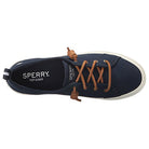 Top view of the Sperry Crest Vibe - Womens sneaker in navy with brown leather laces, white sole, and visible Sperry branding on the black insole. Designed for comfort and great arch support.