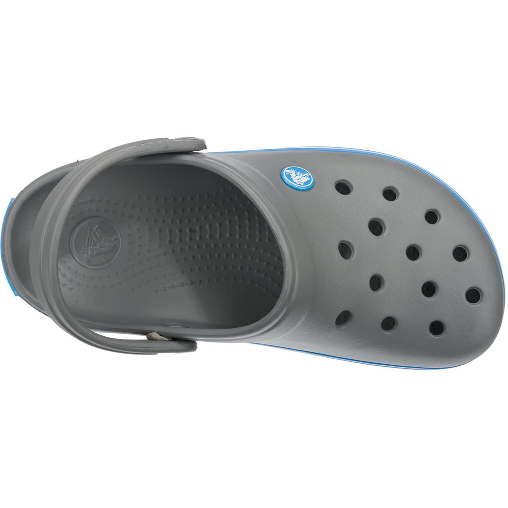 A top view of the Crocs Crocband Clog Seasonal Colors - Unisex in gray shows its heel strap and upper ventilation holes, now available for sale.