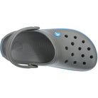 A top view of the Crocs Crocband Clog Seasonal Colors - Unisex in gray shows its heel strap and upper ventilation holes, now available for sale.
