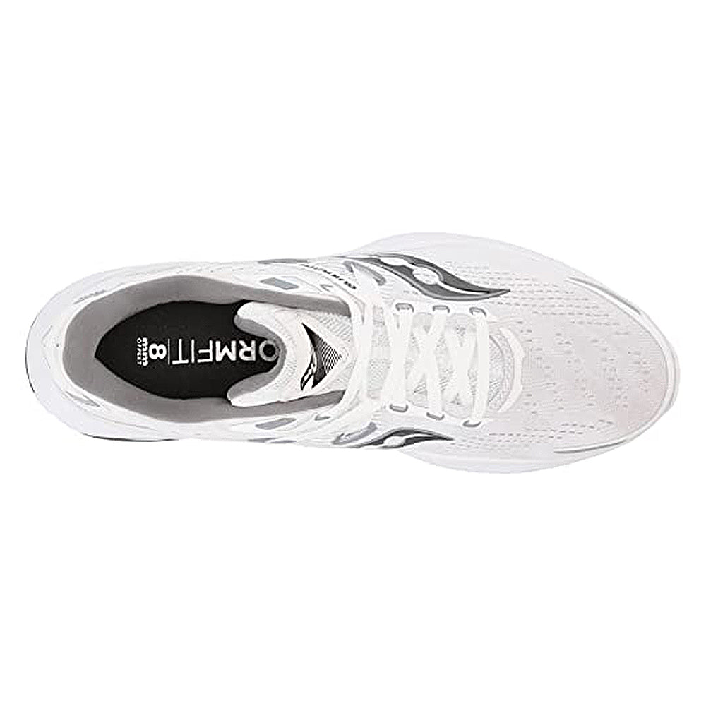 Top view of the Saucony Guide 16 - Men, a white running shoe with black and gray accents, featuring PWRRUN foam cushioning, laces, breathable perforated mesh upper, and Saucony branding on the tongue and side.