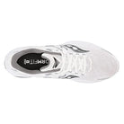 Top view of the Saucony Guide 16 - Men, a white running shoe with black and gray accents, featuring PWRRUN foam cushioning, laces, breathable perforated mesh upper, and Saucony branding on the tongue and side.