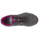 Top view of a gray Ryka Influence - Women workout shoe with black laces, light gray accents, and magenta lining. This lightweight cross-trainer features a branded insole, ideal for dance fitness enthusiasts.