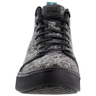 Front view of the TOMS Alpargata ESP - Women: a gray and black speckled slip-on with black laces, black sole, TOMS logo on the tongue, and comfortable design.