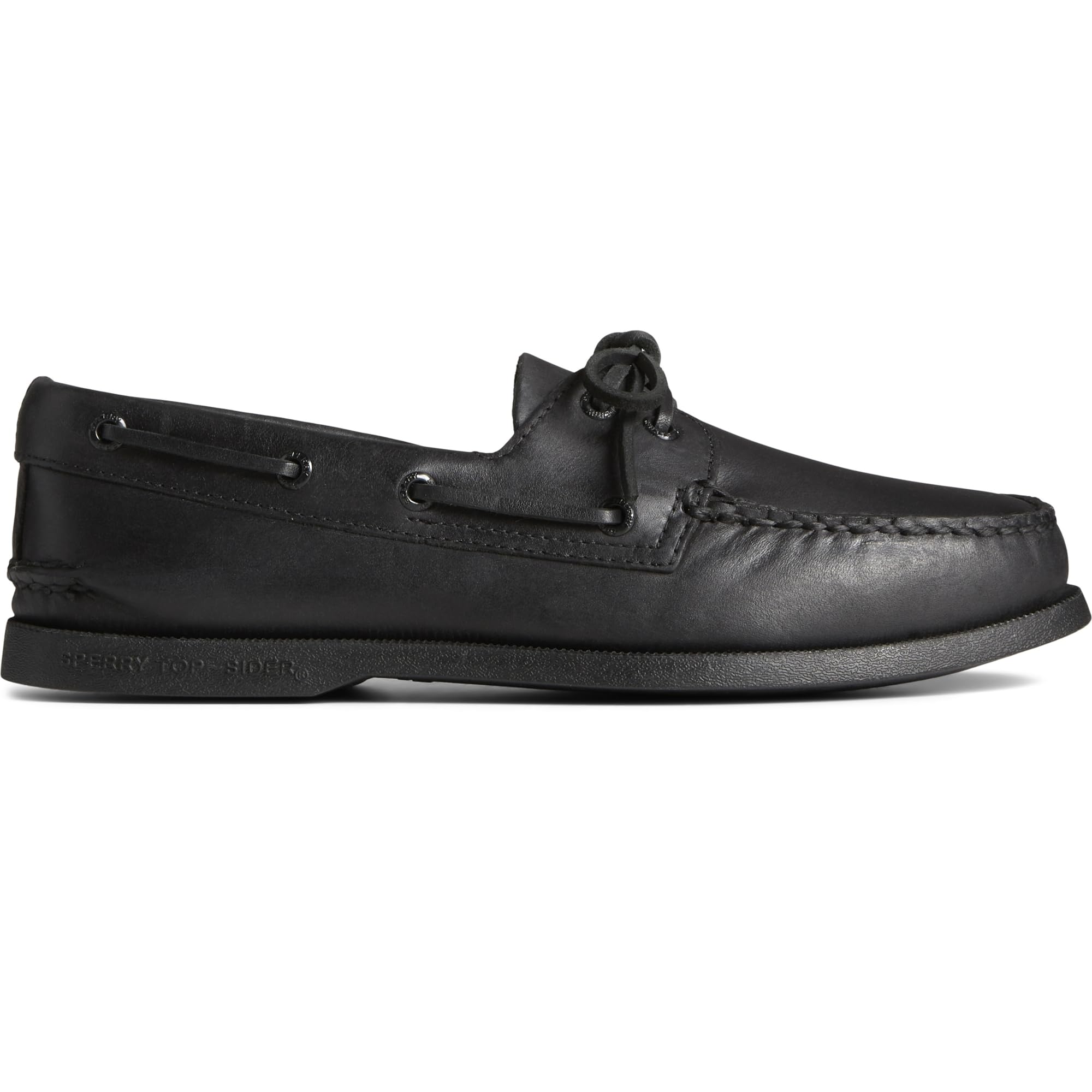 The Sperry A/O 2-EYE LEATHER mens boat shoe features black leather, visible stitching, lace detail around the sides, and a flat rubber sole, shown from the side.
