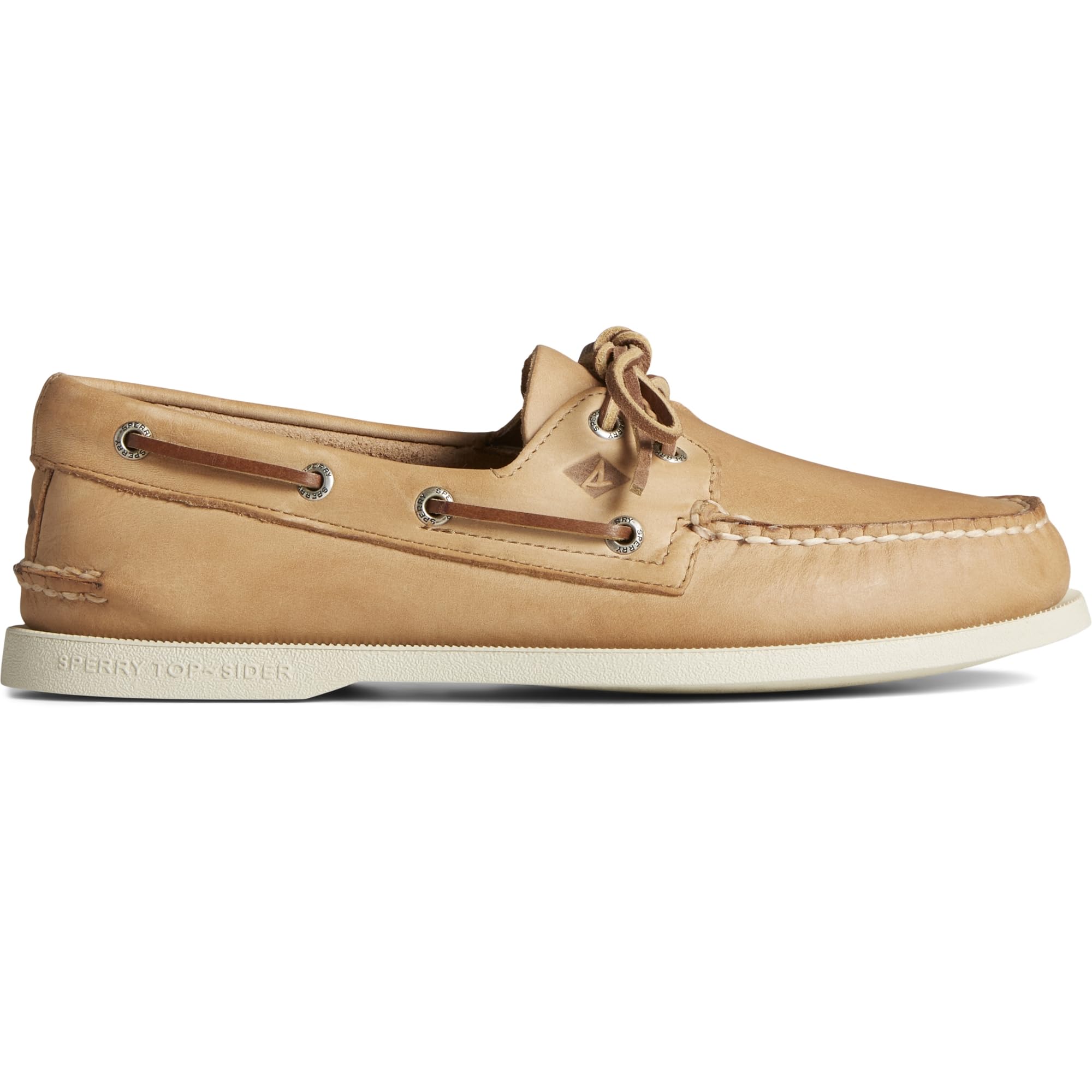 The Sperry A/O 2-EYE LEATHER - Mens is a tan leather boat shoe with white stitching, tan laces, metal eyelets, moccasin-style toe, and a white rubber sole for classic nautical style.