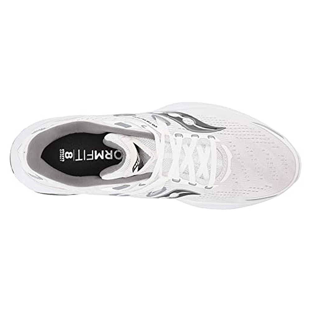 Top view of the Saucony Guide 16 Running Shoe - Mens, featuring a white cushioned design with black and gray accents, visible laces, and FORMFIT branding inside the insole.