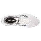 Top view of the Saucony Guide 16 Running Shoe - Mens, featuring a white cushioned design with black and gray accents, visible laces, and FORMFIT branding inside the insole.
