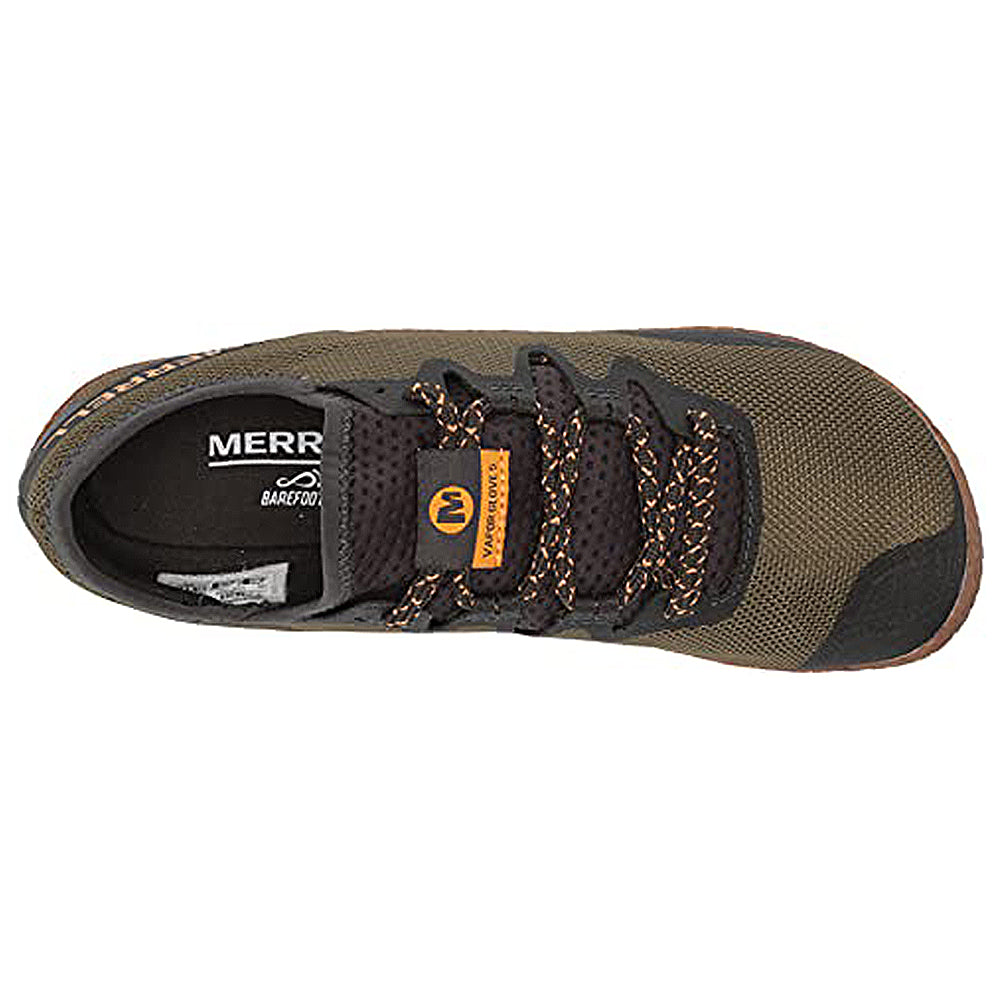 Top view of the Merrell Vapor Glove 5 - Men in olive green and black with orange accents, featuring black and orange laces and a Barefoot label on the insole.