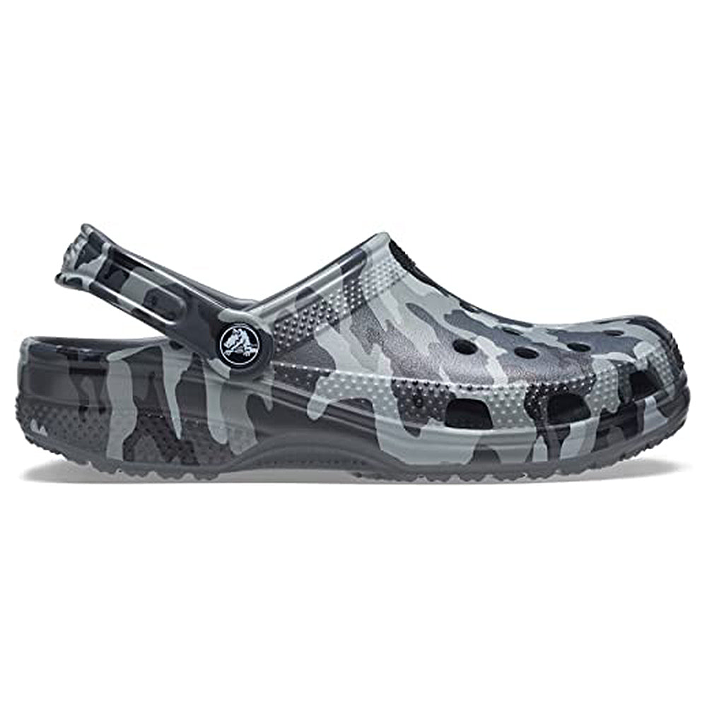 Side view of Crocs Classic Camo Clog - Unisex, featuring grey and black camo, ventilation holes, an adjustable heel strap, and a slip-on design—perfect comfortable water shoes for any adventure.