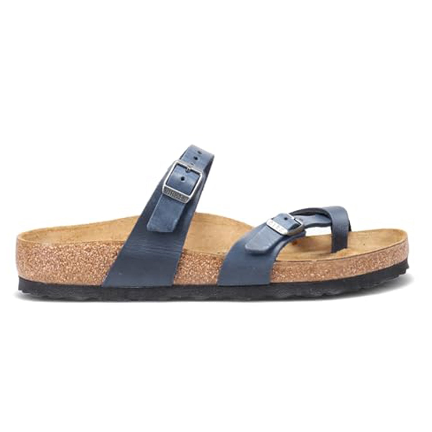 The Birkenstock Mayari Oiled Leather - Women sandal features blue oiled leather, two adjustable buckle straps, a cork footbed for comfort, and a black textured rubber sole. Shown in side view.