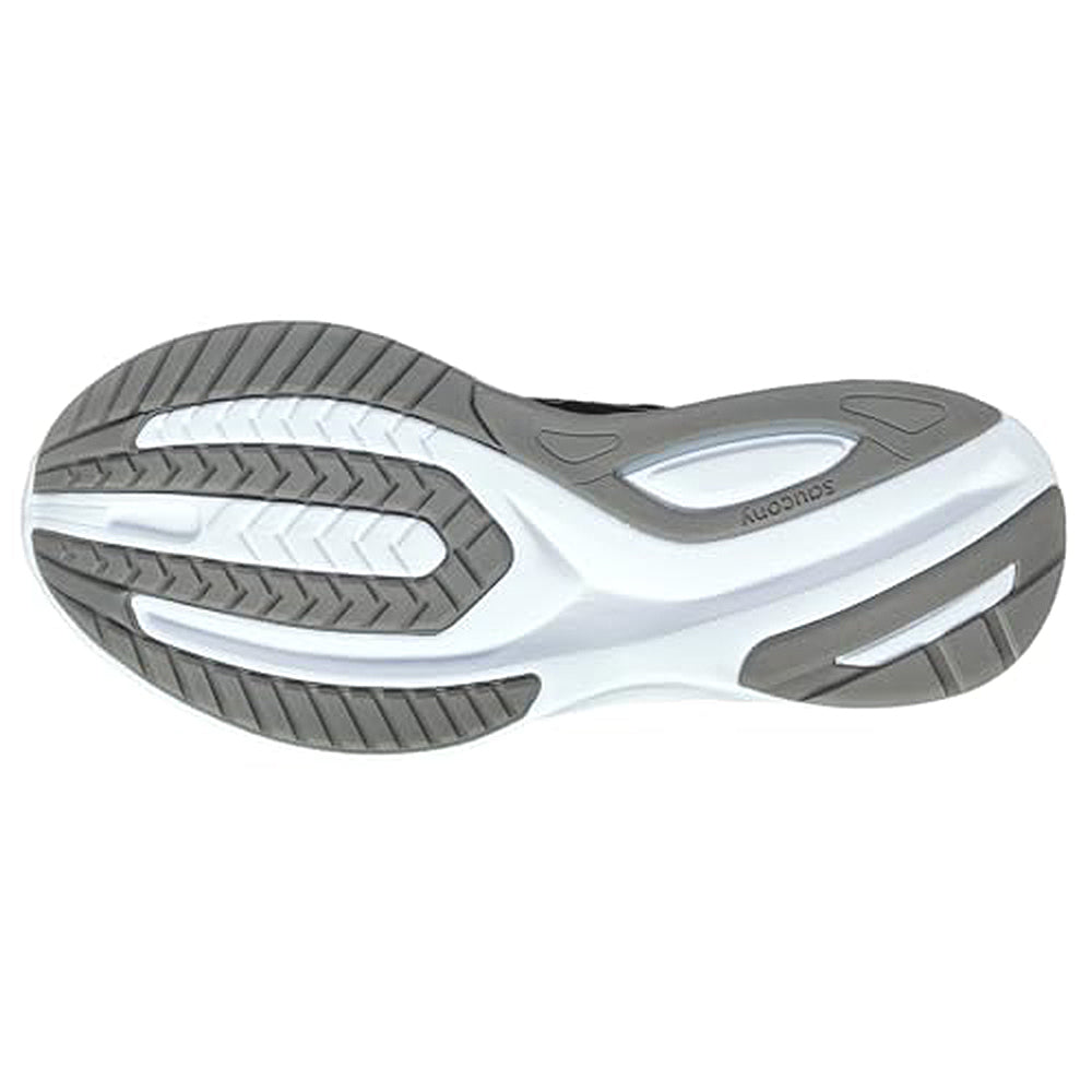 The image shows the sole of the Saucony Guide 16 Running Shoe - Womens, with gray, white, and black rubber tread patterns for traction and flexibility. The Saucony logo is visible on the side, emphasizing its cushioned support.