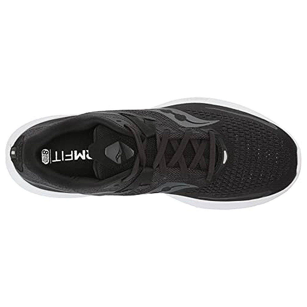 Top view of the Saucony Ride 15 - Womens black lightweight running shoe featuring a white cushioned sole, breathable mesh upper, laces, and visible brand logo on the side and tongue.
