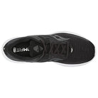Top view of the Saucony Ride 15 - Womens black lightweight running shoe featuring a white cushioned sole, breathable mesh upper, laces, and visible brand logo on the side and tongue.