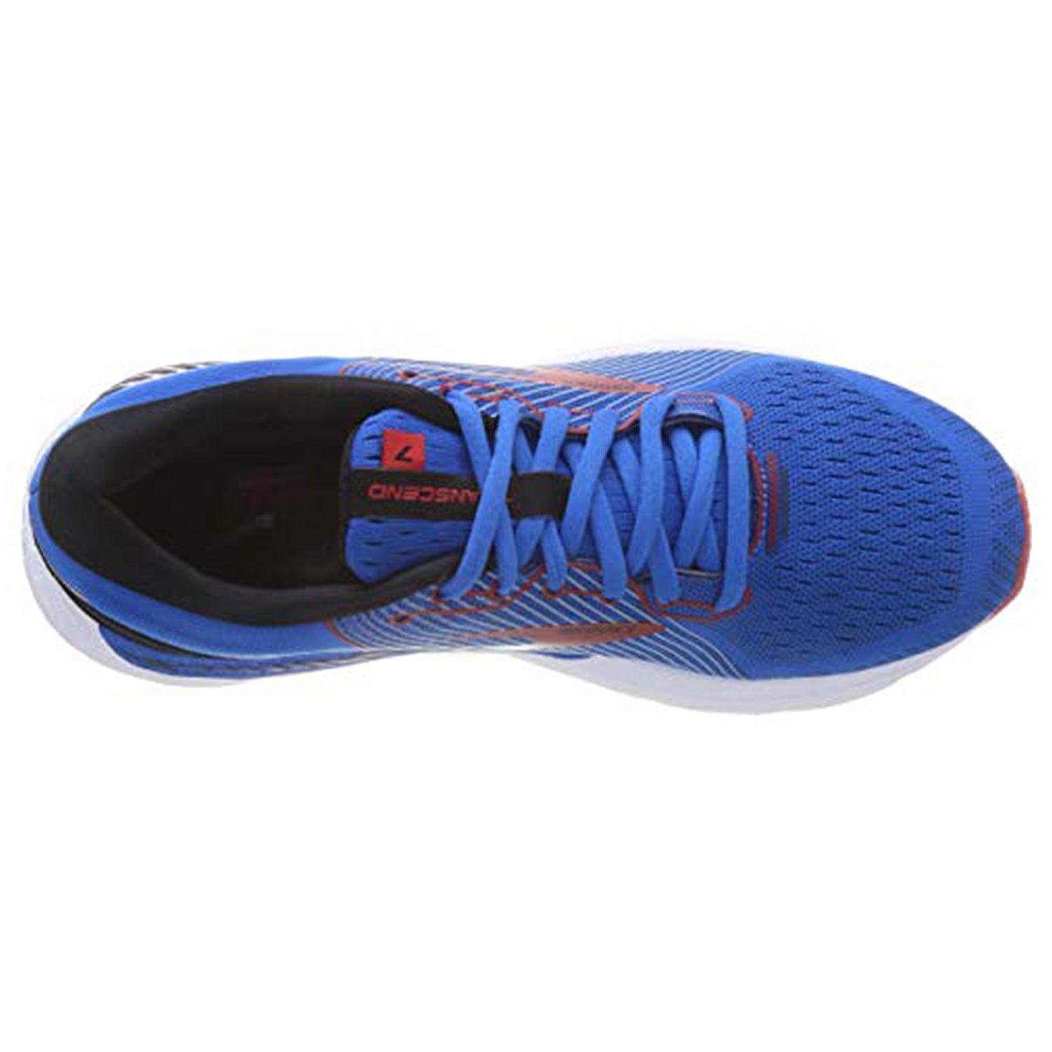 Top view of Brooks Transcend 7 - Men, a blue running shoe with black and red accents, mesh upper for breathability, white sole, and plush fit that offers cushioned support.