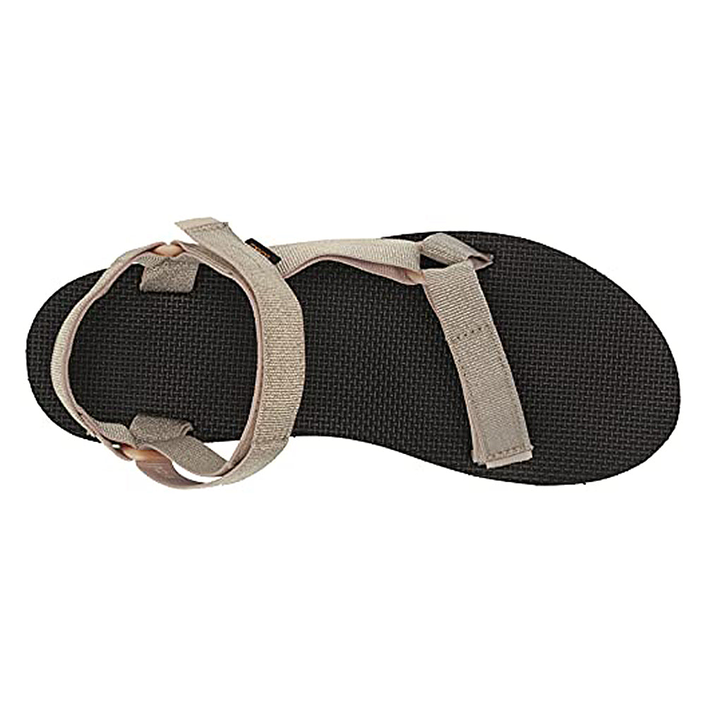 The Teva Midform Universal - Womens sandal, shown from above, features a black textured sole and beige adjustable straps encircling the ankle and toes in a versatile water-ready design.
