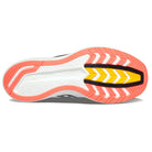 The Saucony Endorphin Speed 2 Running Shoe - Mens features a white sole with orange, black, and yellow tread patterns, SPEEDROLL technology for smooth momentum, and the saucony brand name embossed in the center.