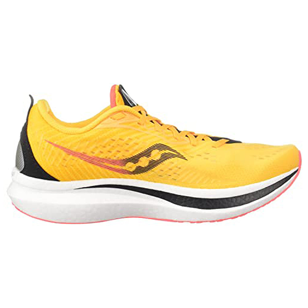 The Saucony Endorphin Speed 2 Running Shoe - Mens features a bright yellow upper, black and red logo, white foam sole, black detailing, and a coral pink accent on the outsole, shown from the side.