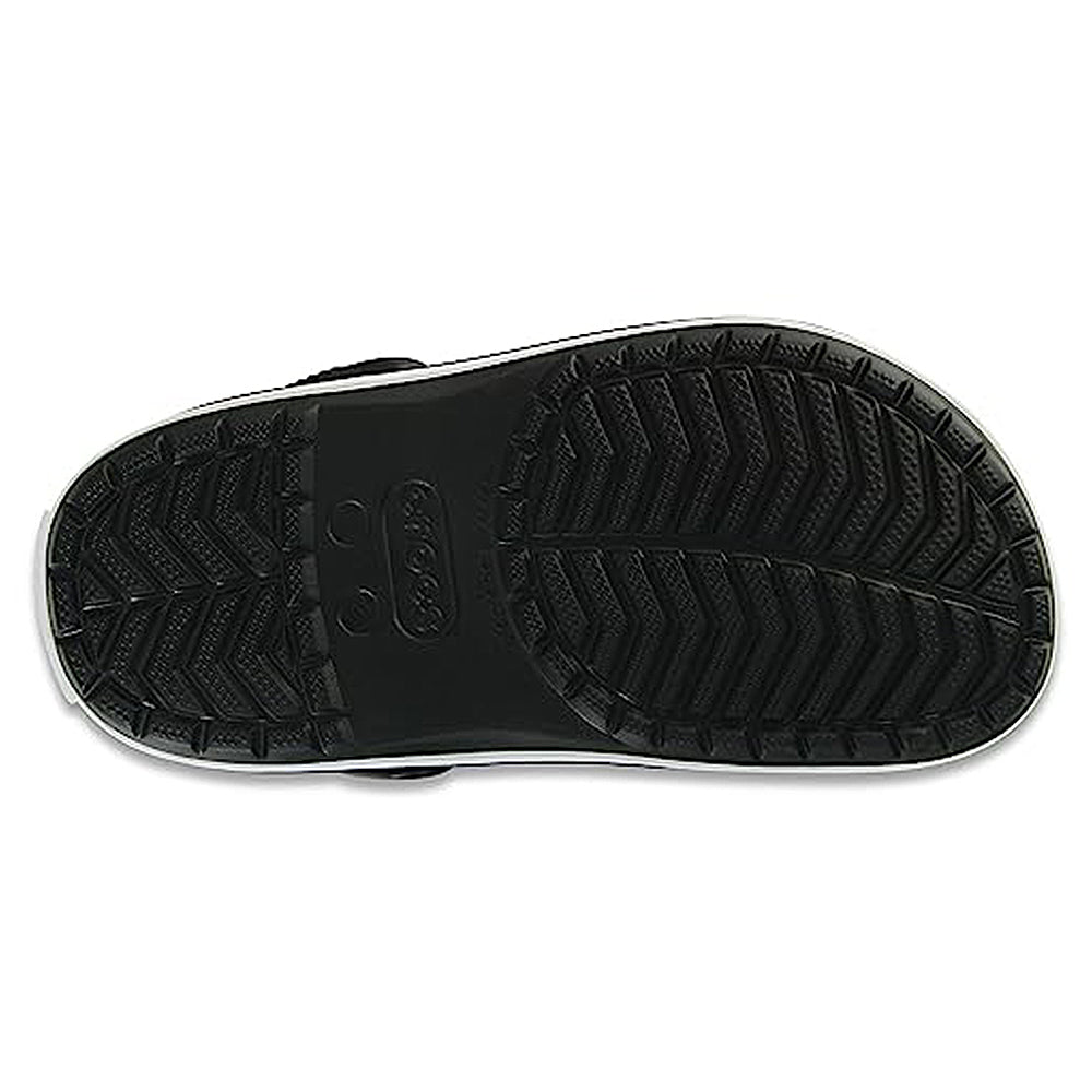 The image displays the black sole of the Crocs CrocBand Clog - Unisex, featuring a textured non-slip tread pattern, Crocs Comfort, and the embossed Crocs logo at the center.