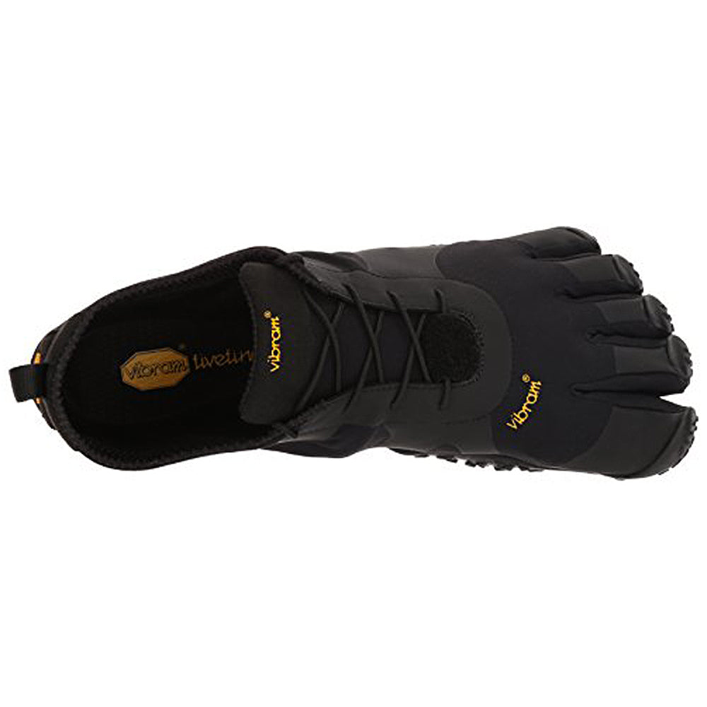 The Vibram FiveFingers V-Alpha - Men, shown from above in black, fits each toe separately. It features durable Vibram rubber and displays yellow Vibram branding on the side and insole.