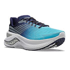 The Saucony Guide 16 Running Shoe for men features a blue and navy design with a white/navy sole, striped details, breathable mesh upper, patterned laces, and cushioned midsole with a slightly raised heel.
