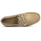 Top view of a tan Sperry Bluefish - Women boat shoe with leather upper, beige laces, white stitching, and visible Sperry branding on the insole.