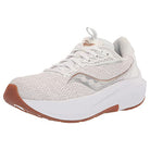 The Saucony Echelon 9 Running Shoe - Womens in White/Gum features a seamless mesh upper, white laces, and a thick white sole with light brown accents on the outsole and logo, shown at an angle on a white background.