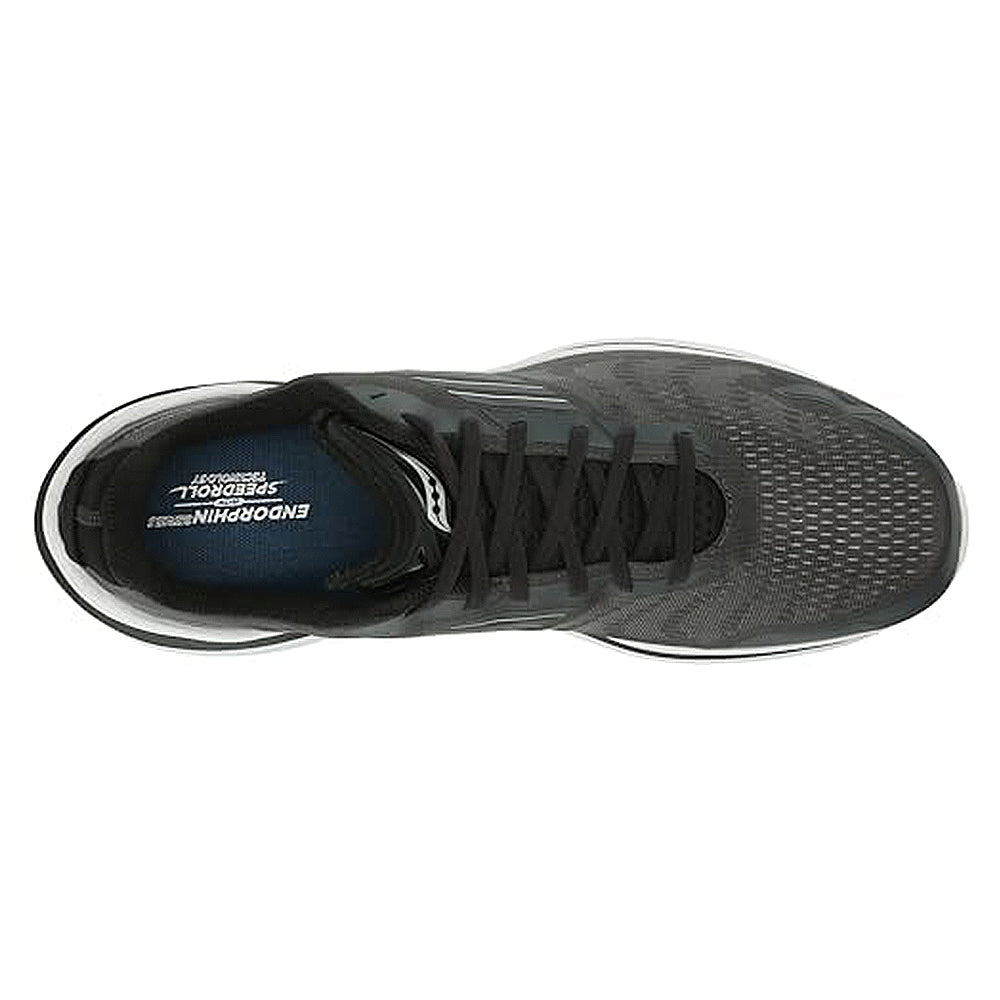 Top view of the mens Saucony Endorphin Shift 3 running shoe, featuring a mesh upper, black laces, subtle pattern, rounded toe, and plush PWRRUN foam cushioning with ENDORPHIN SPEEDROLL TECHNOLOGY on the insole.