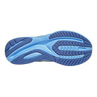 The image shows the sole of the Saucony Guide 16 Running Shoe - Womens, featuring blue shades with grooves and textured patterns for traction, flexibility, and cushioned support. Saucony appears on the side of the sole.