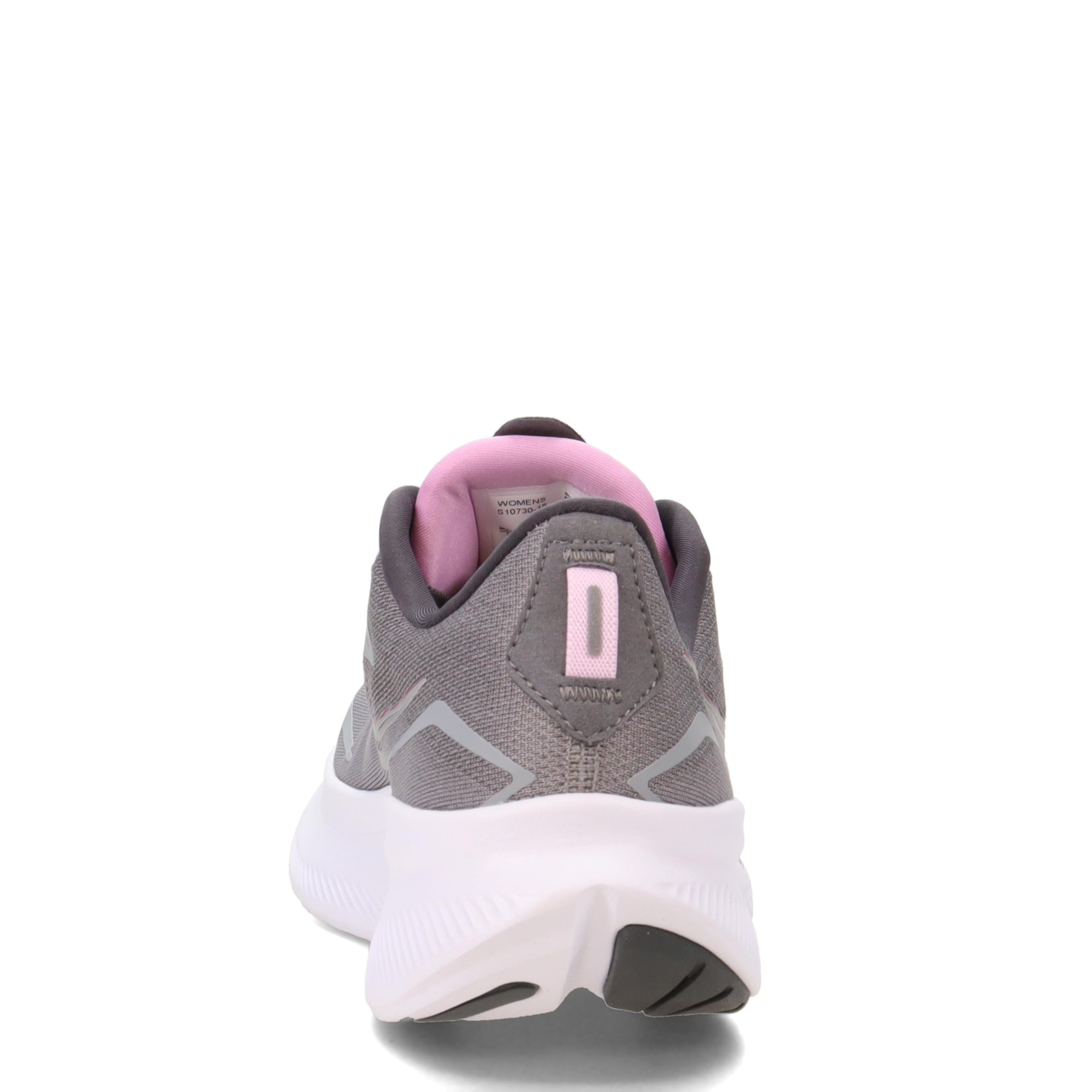 The Saucony Ride 15 - Womens running shoe in gray features a white sole, pink interior, and pink-accented heel tab and trim. Its black outsole at the heel highlights supportive PWRRUN cushioning for comfort, shown from the back.