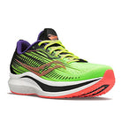 The Saucony Endorphin Speed 2 Running Shoe - Mens features a neon green upper, black and purple accents, yellow laces, white SPEEDROLL midsole, orange sole, and dynamic side stripes.