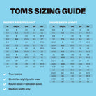 TOMS Alpargata - Women’s sizing guide on a blue background with US/CA, cm, UK, and EU charts. Icons indicate true-to-size fit, slight stretch, size-down advice, and medium width—ideal for this style with recycled cotton.