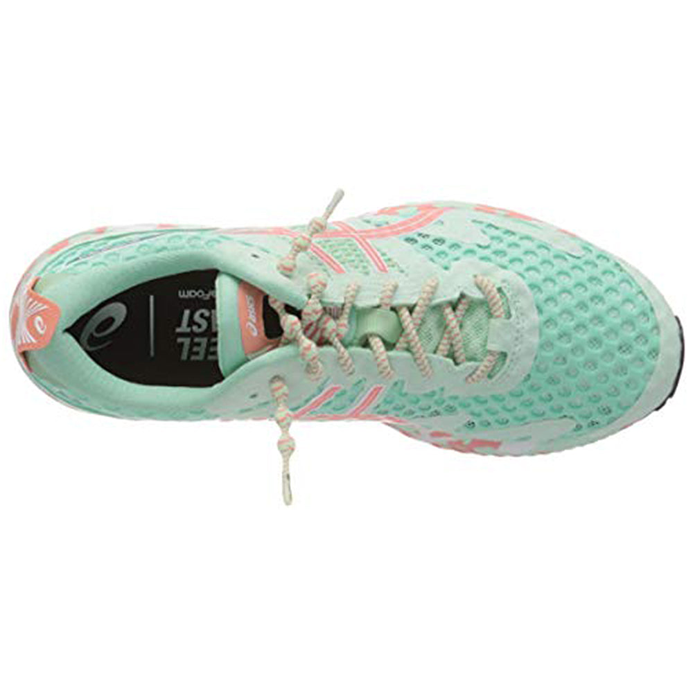 Top view of the ASICS GEL-NOOSA TRI 12 - Womens shoe in mint green with pink accents, beige and white laces, textured mesh upper, orange heel tab with logo, black insole with white branding, and responsive FLYTEFOAM midsole.